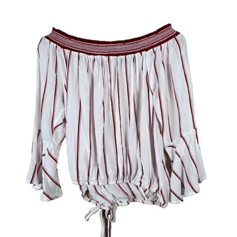 Women’s Off Shoulder Tie Front Smocked Waist Peasant Blouse Red Stripe M - Picture 5 of 10